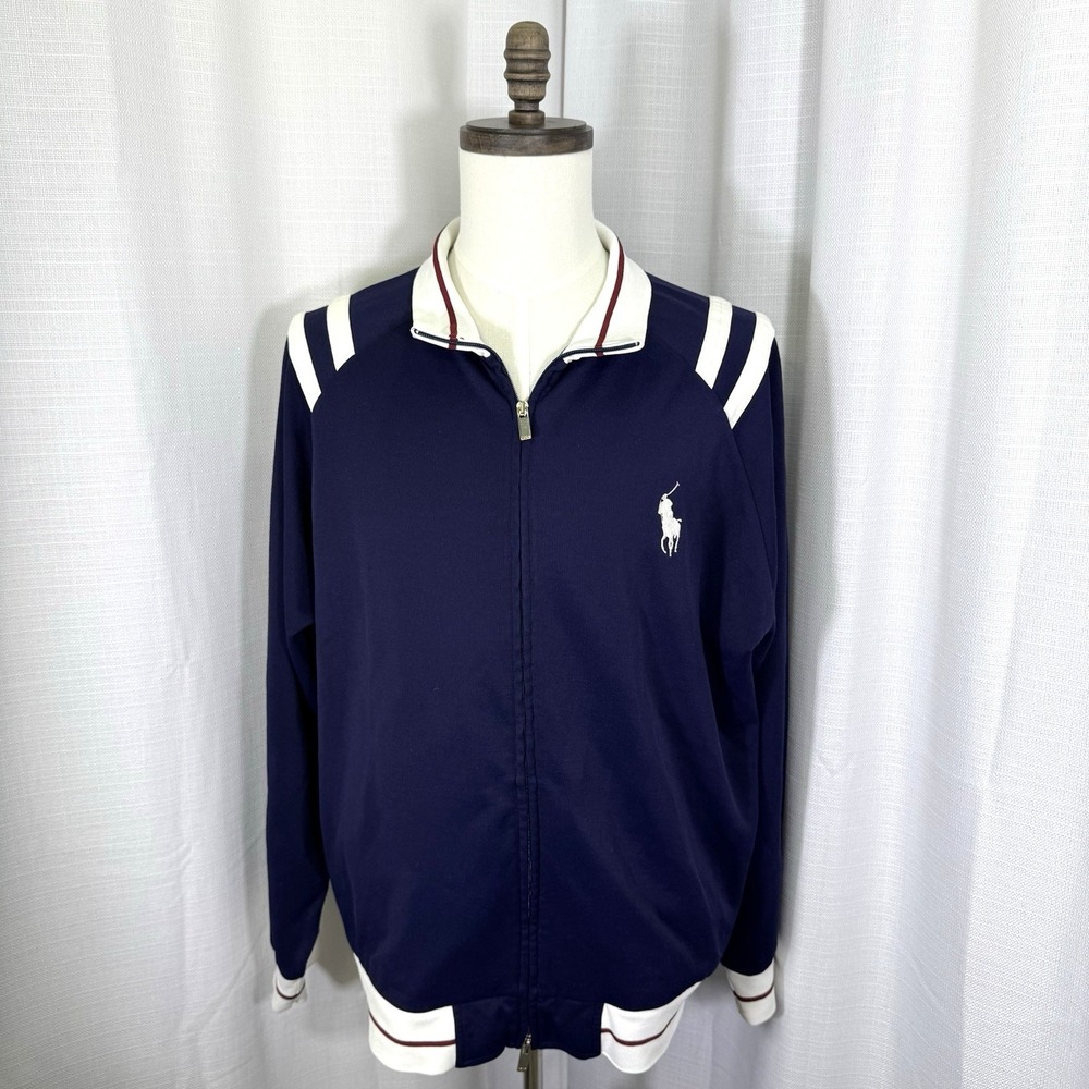 Polo Ralph Lauren Mens XXL Full Zip Blue White Track‎ Jacket Pony Preppy